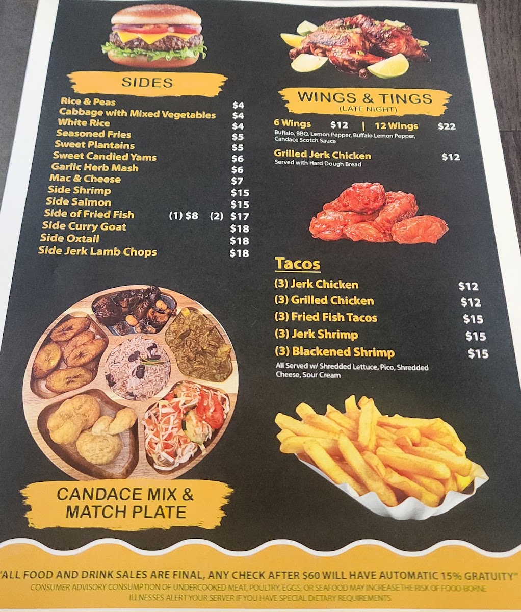 Candace Jamaican Bar and Grill menu board
