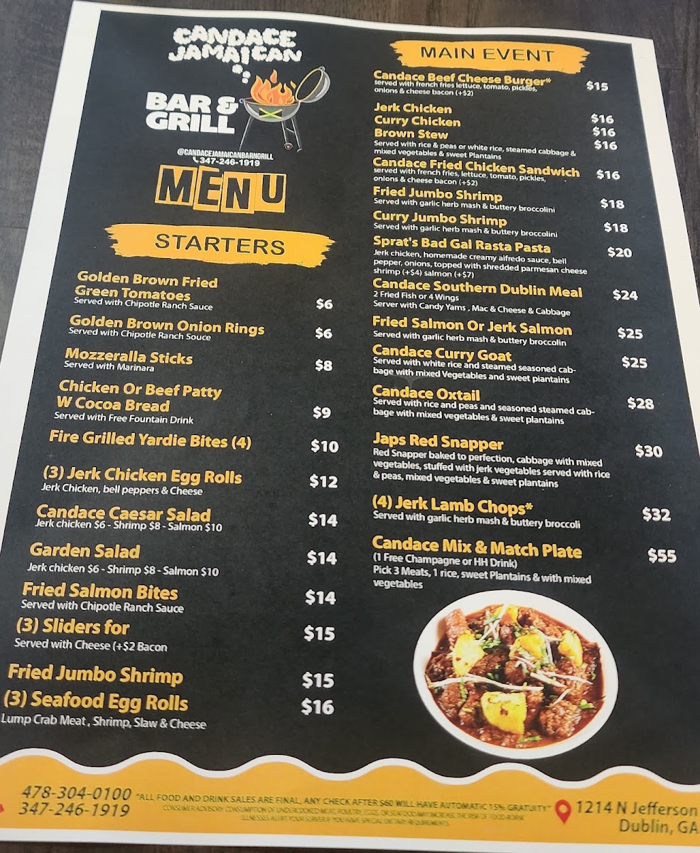 Candace Jamaican Bar and Grill menu board