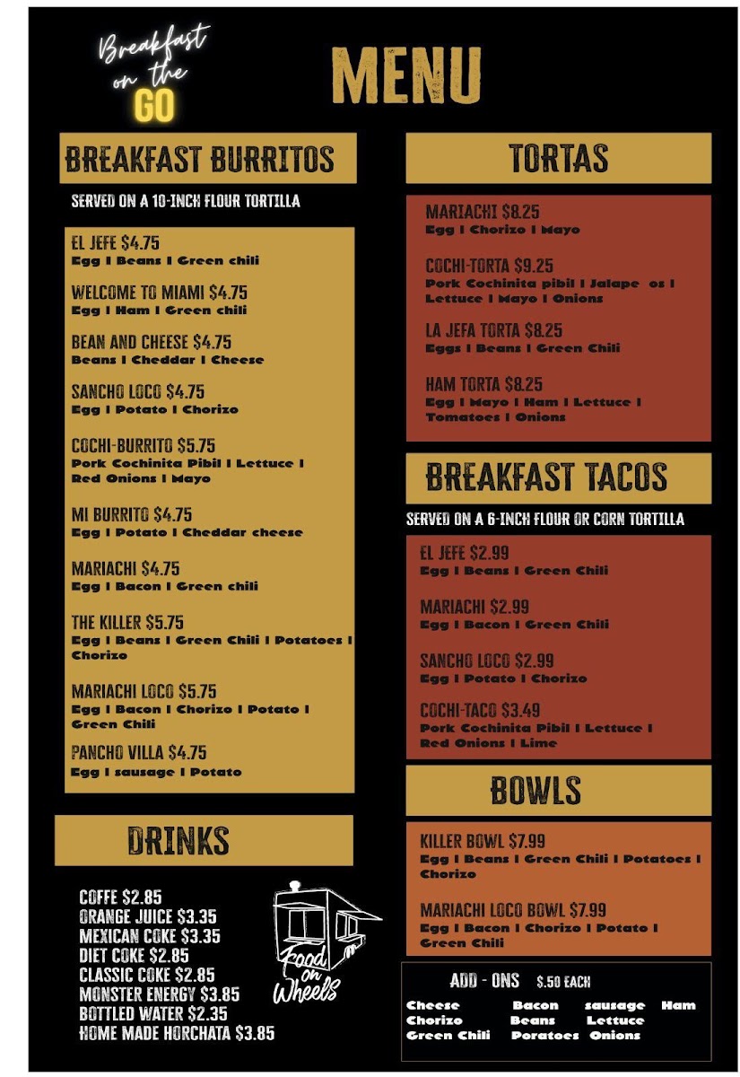Mariachi Breakfast on the Go menu board