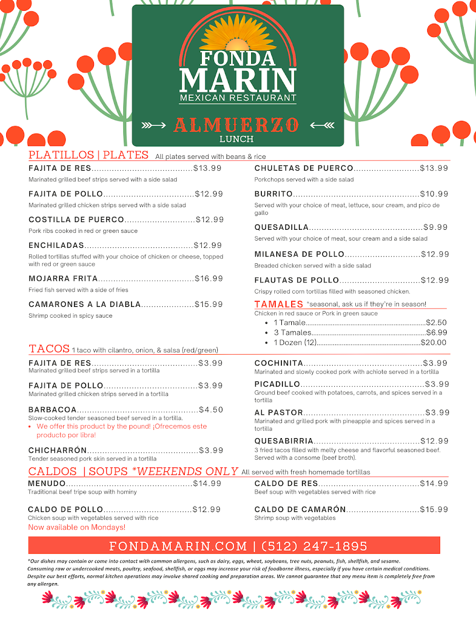 Fonda Marin Mexican Restaurant menu board