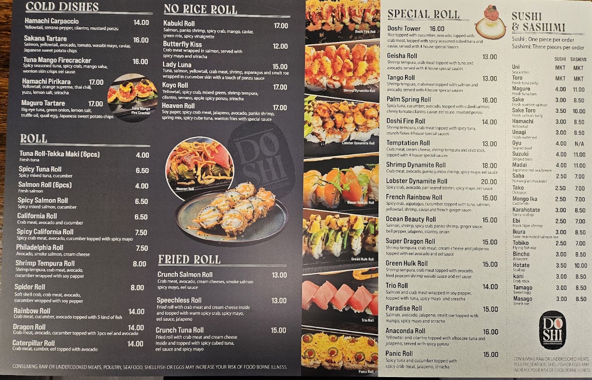 Doshi Sushi and Korean Cuisine menu board