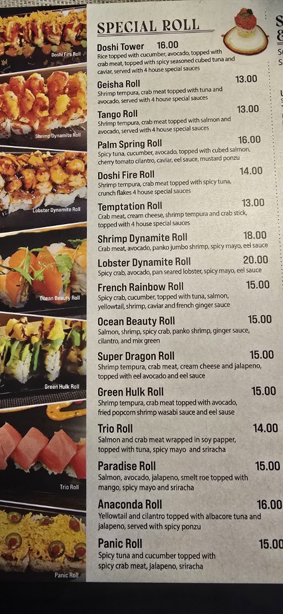 Doshi Sushi and Korean Cuisine menu board