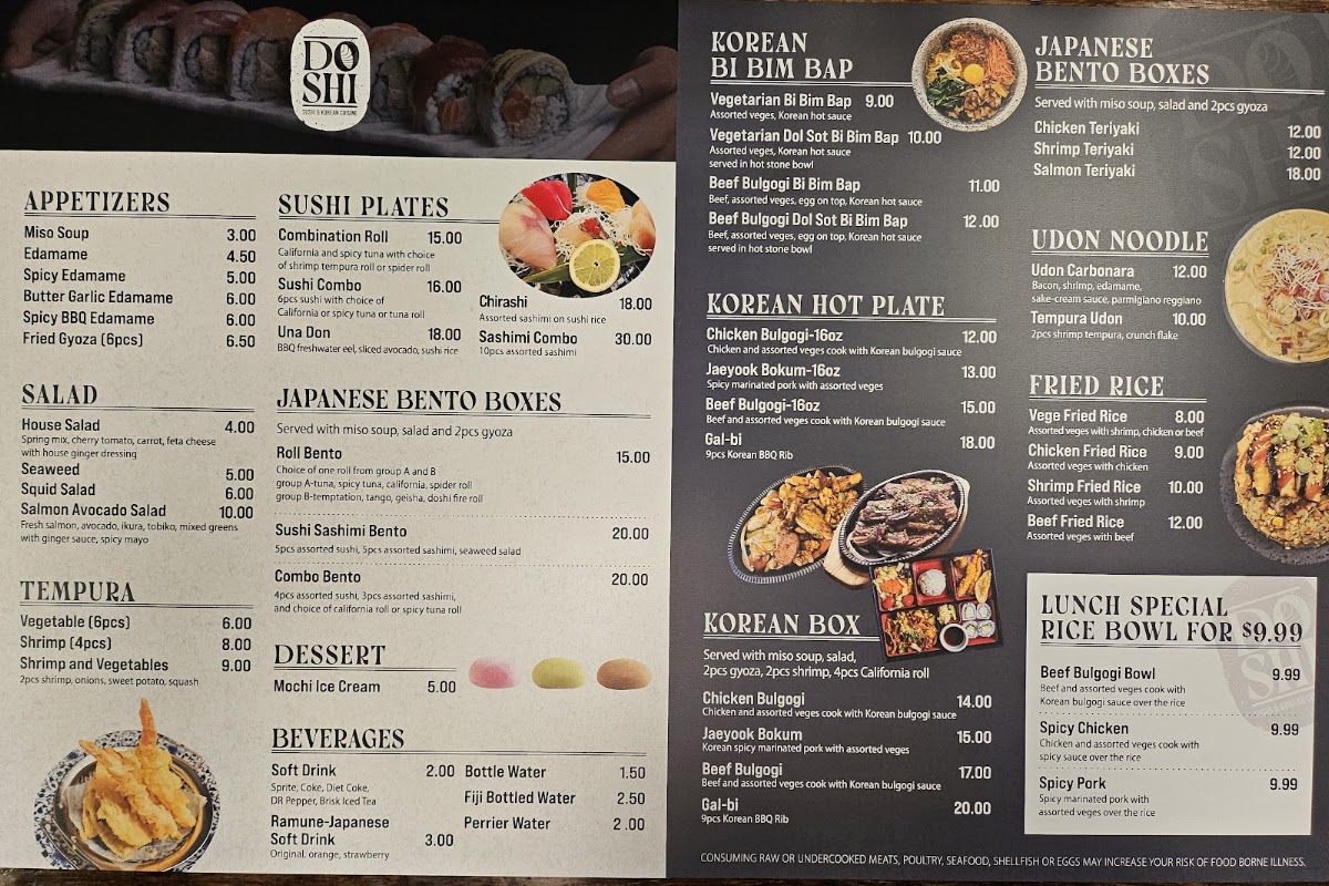 Doshi Sushi and Korean Cuisine menu board