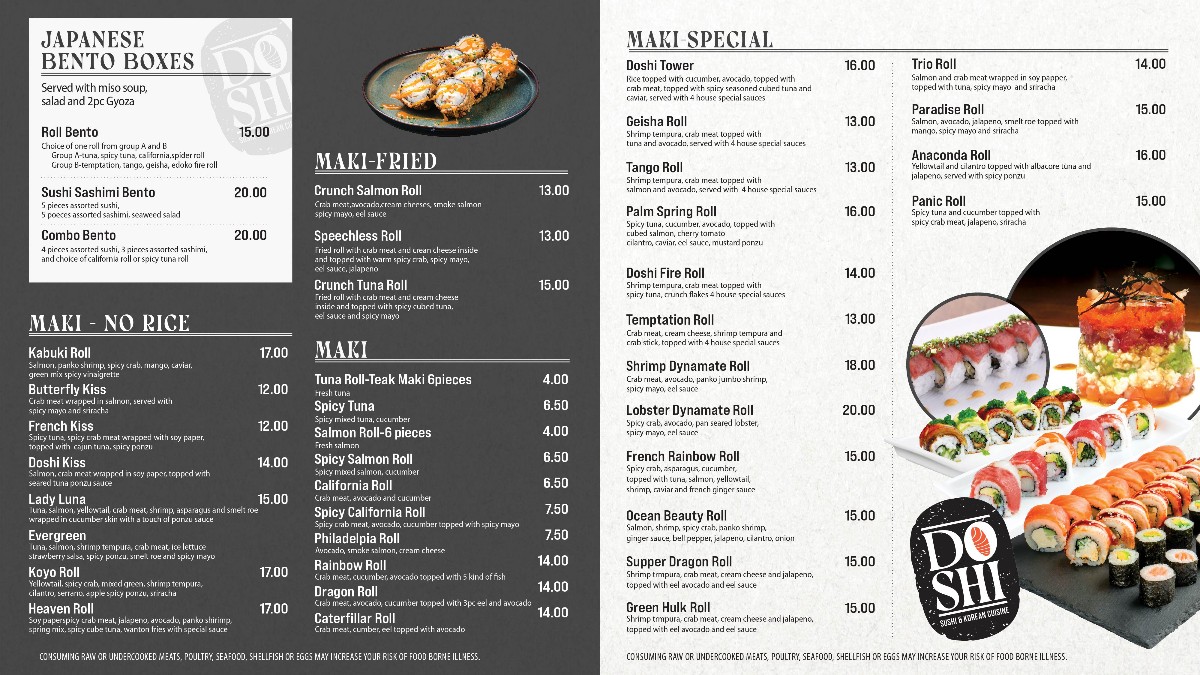 Doshi Sushi and Korean Cuisine menu board