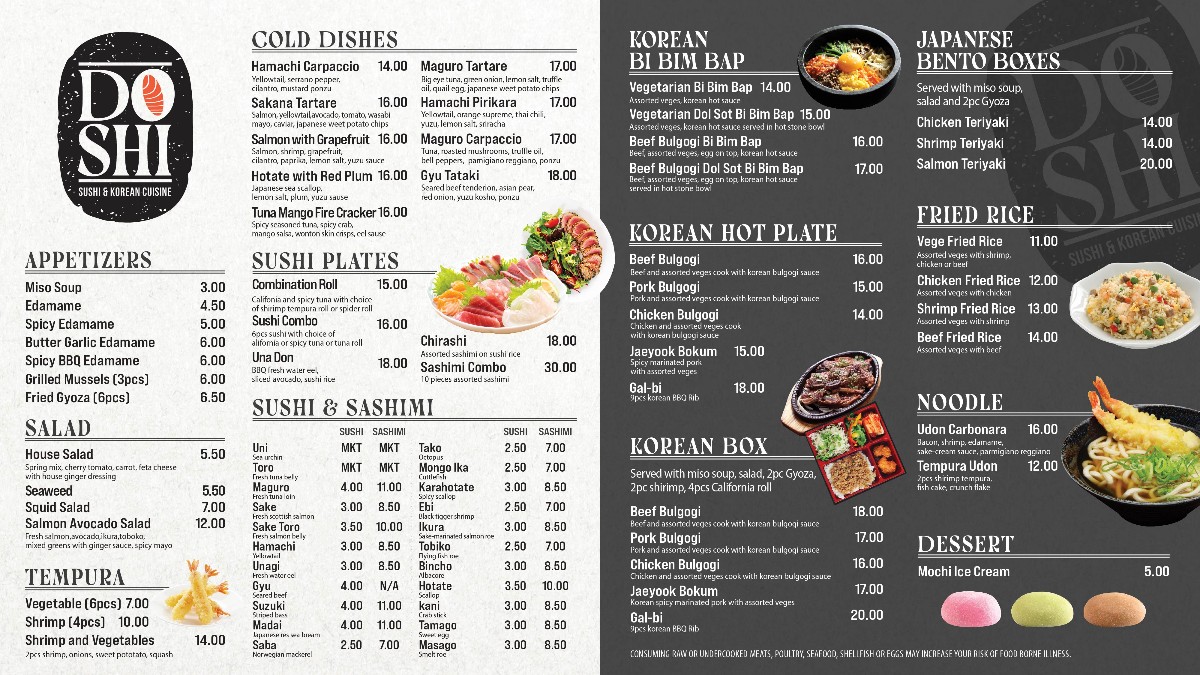 Doshi Sushi and Korean Cuisine menu board