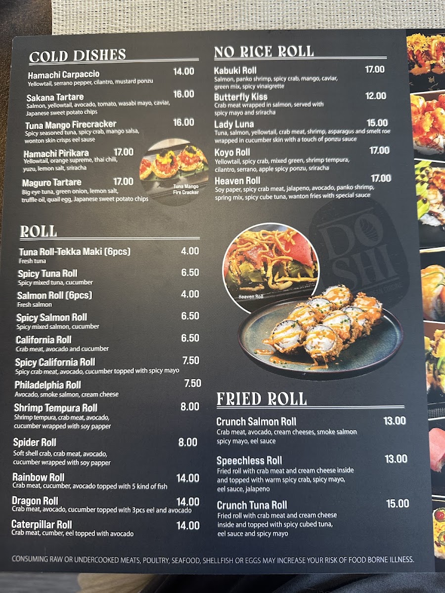 Doshi Sushi and Korean Cuisine menu board