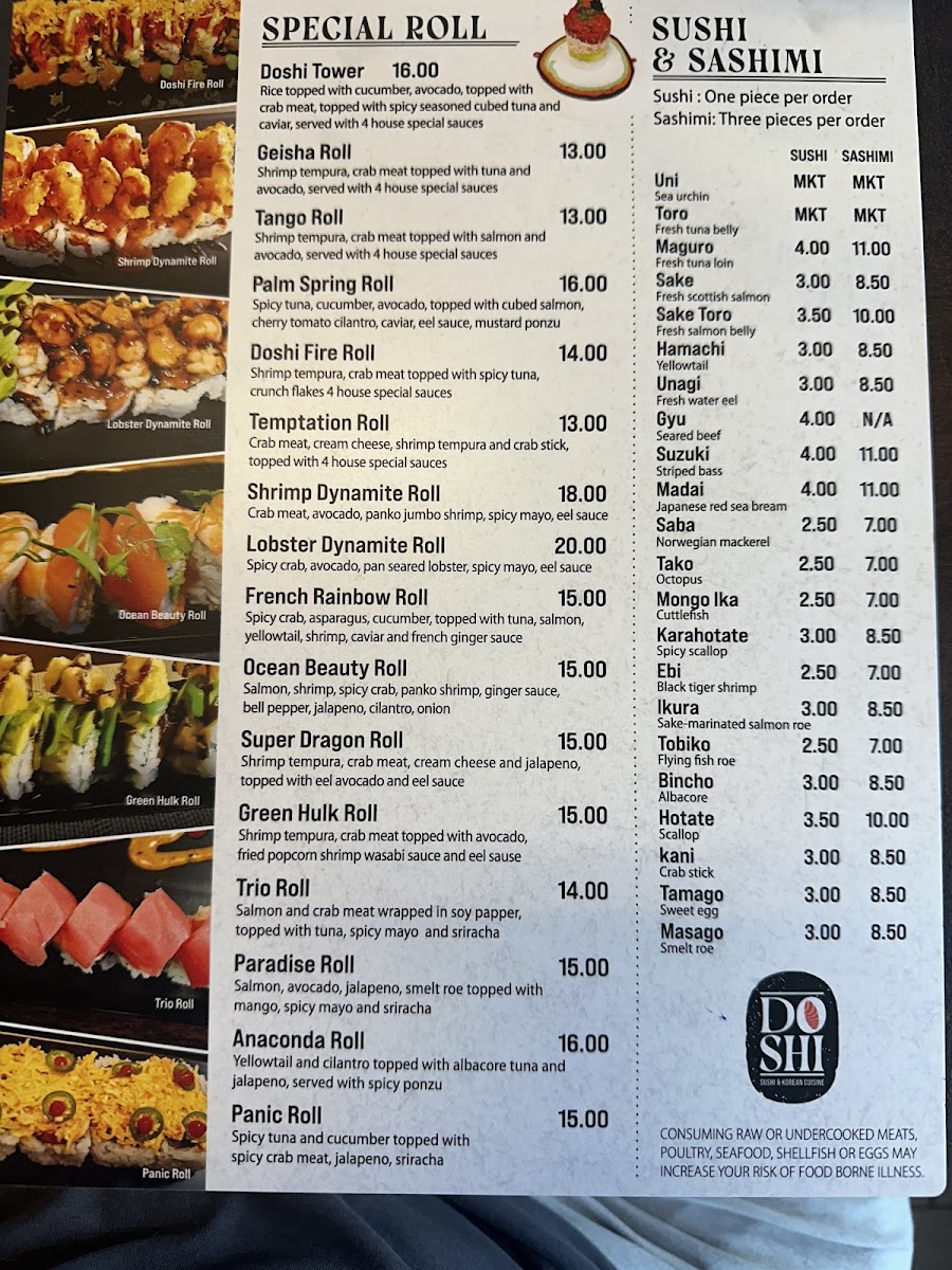 Doshi Sushi and Korean Cuisine menu board