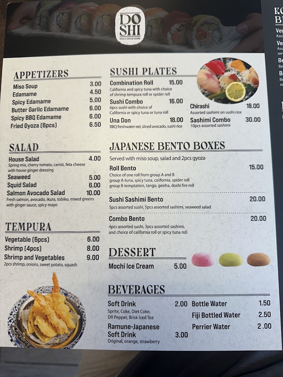 Doshi Sushi and Korean Cuisine menu board