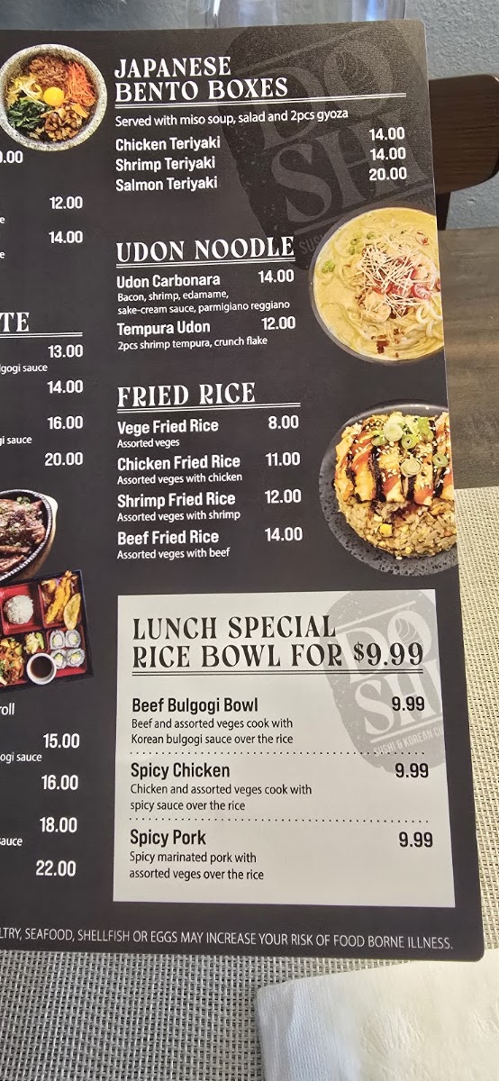 Doshi Sushi and Korean Cuisine menu board