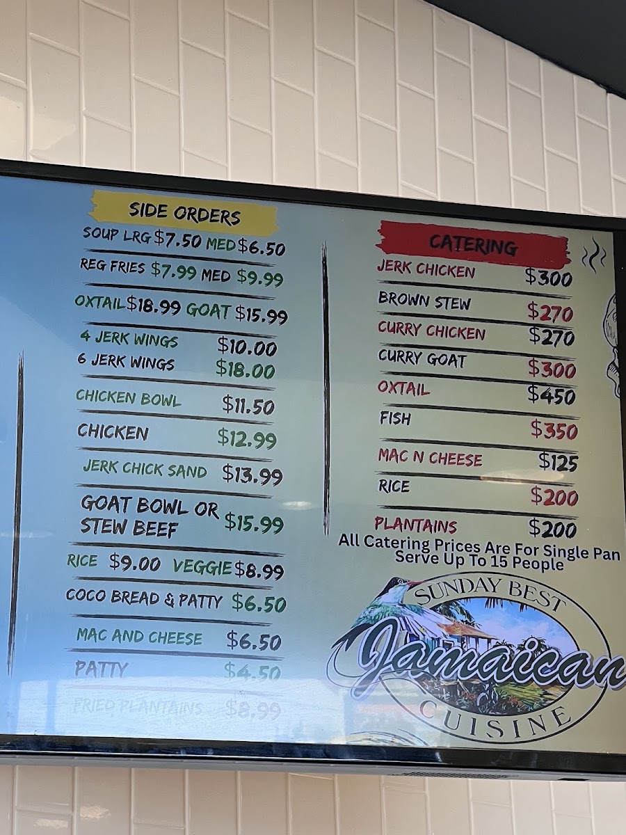 Sunday Best Jamaican Cuisine menu board