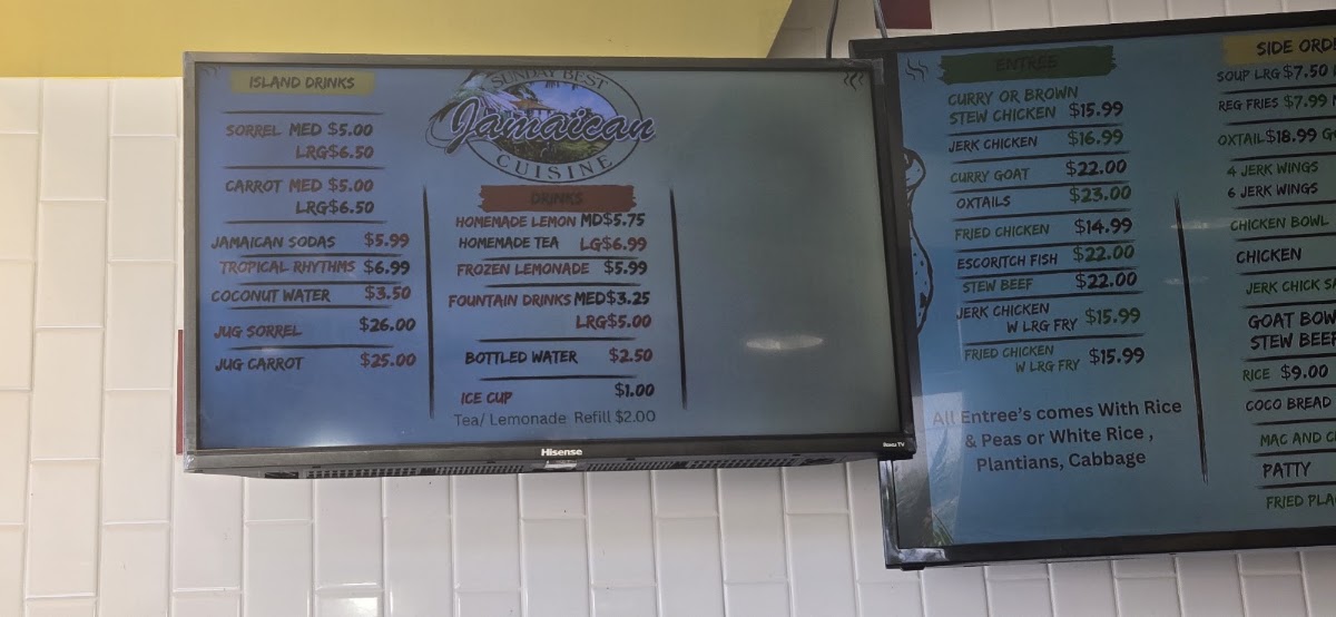 Sunday Best Jamaican Cuisine menu board