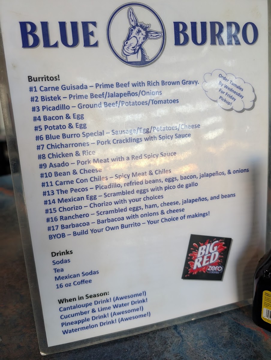 Blue Burro Tx menu board