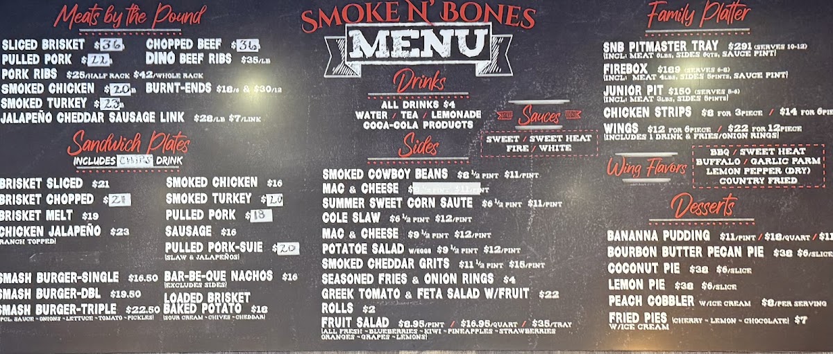 Smoke N’ Bones BBQ menu board