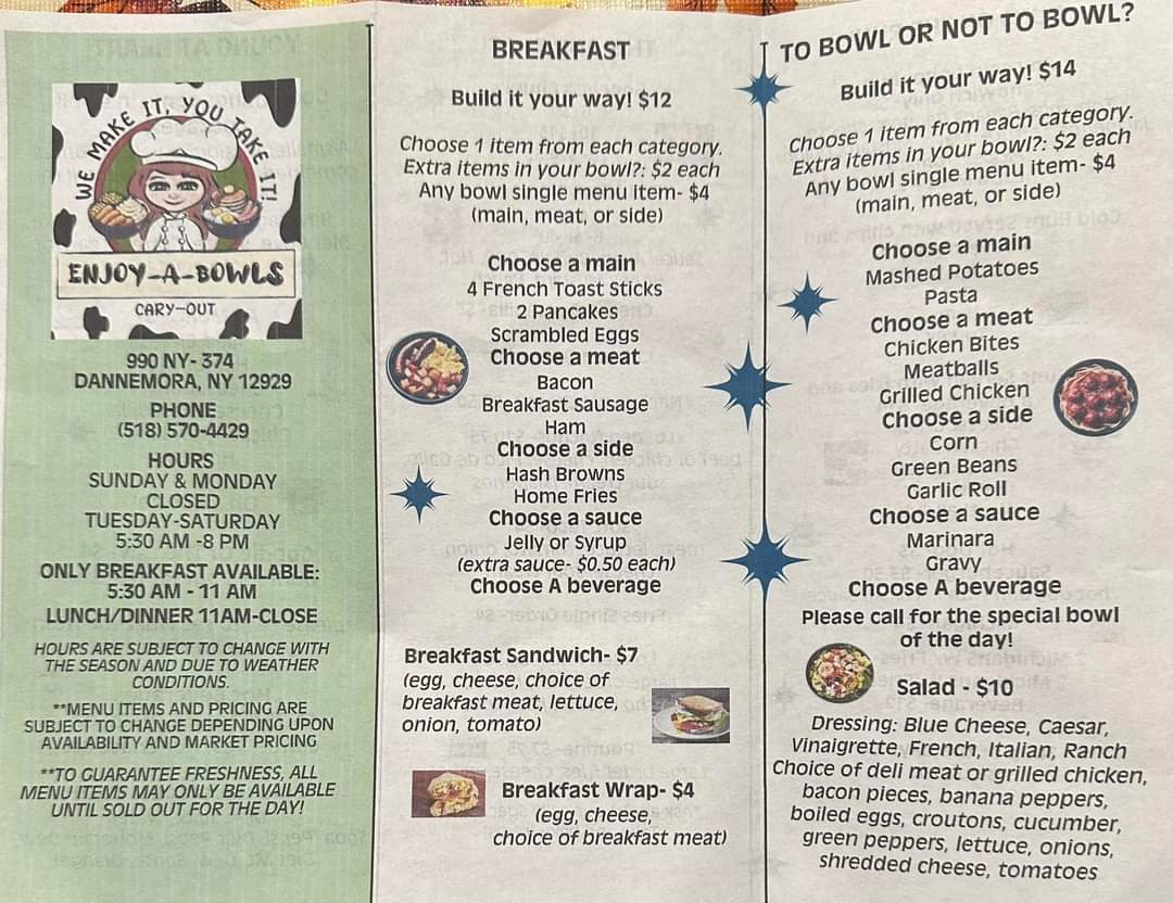 Enjoy-A-Bowls menu board