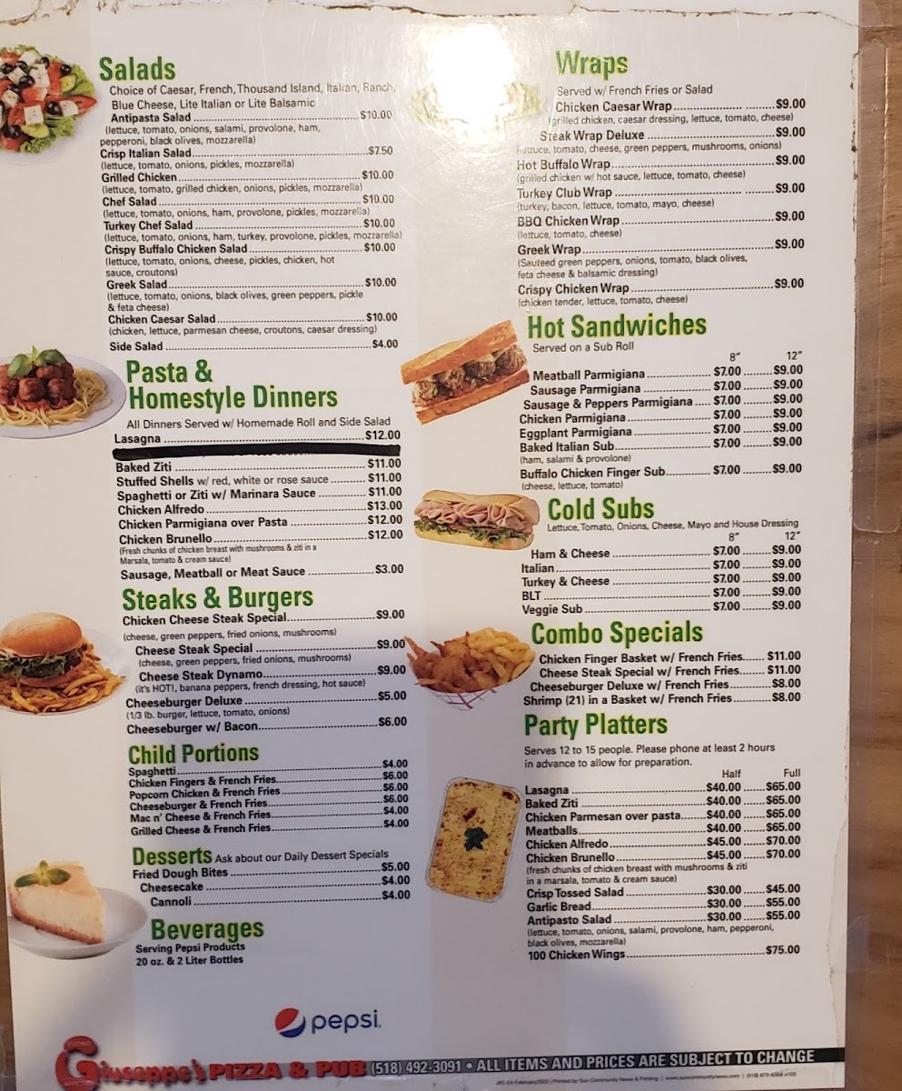 Giuseppe's Pizza & Pub menu board