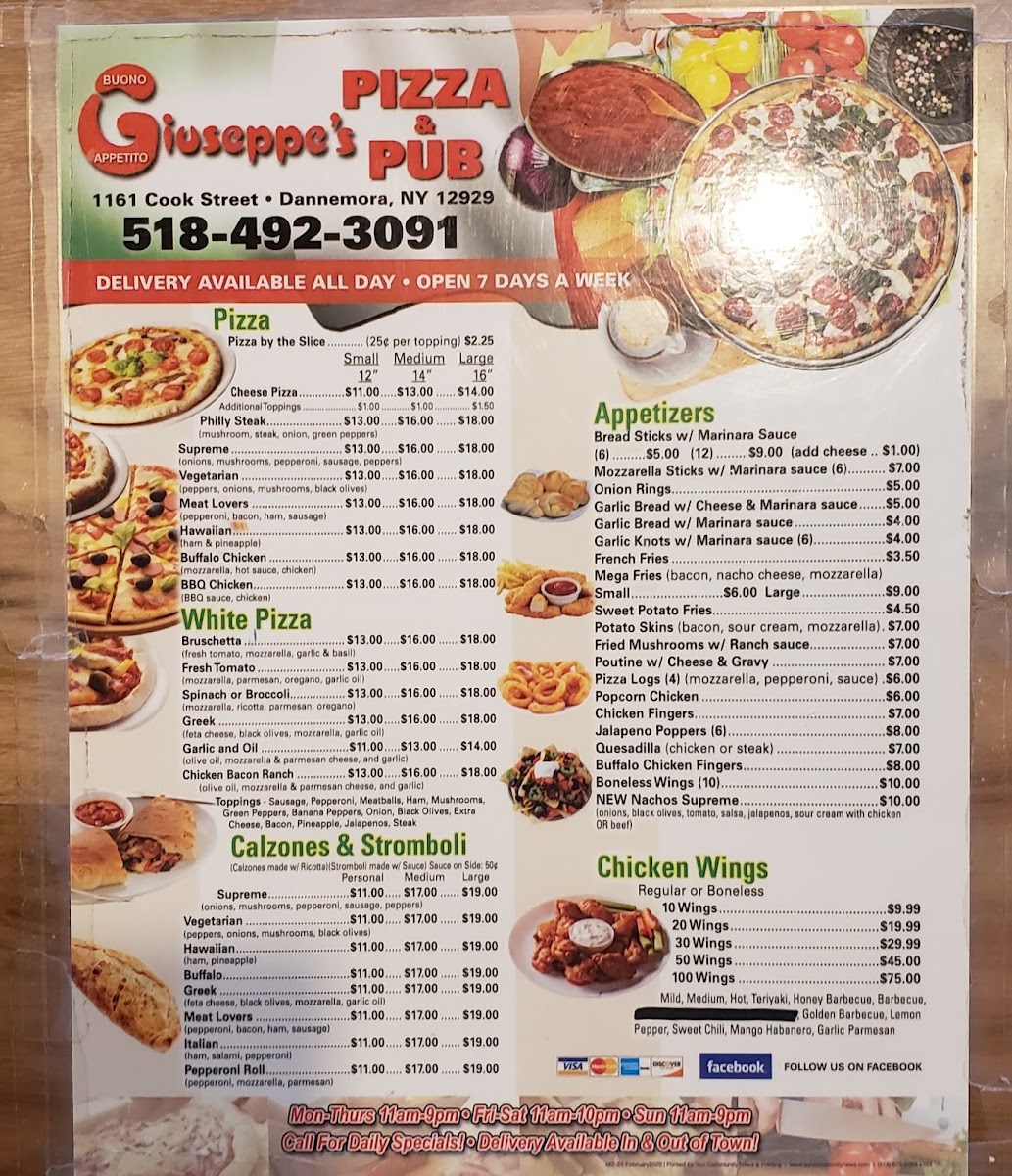 Giuseppe's Pizza & Pub menu board