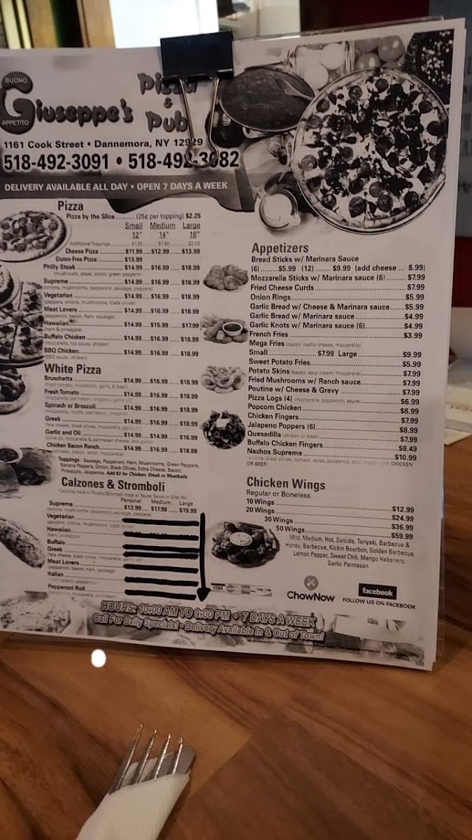Giuseppe's Pizza & Pub menu board
