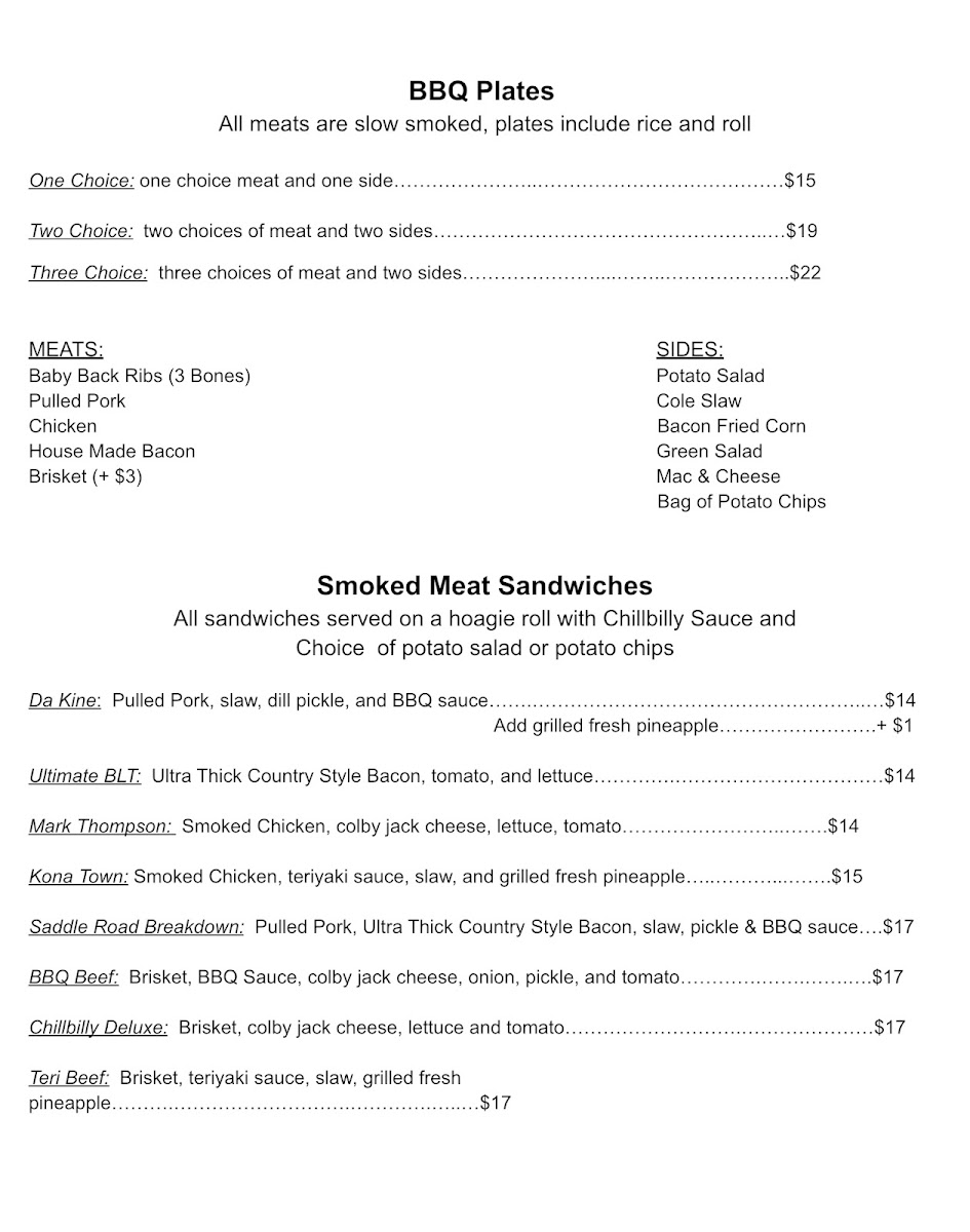 The Chillbilly Grill menu board