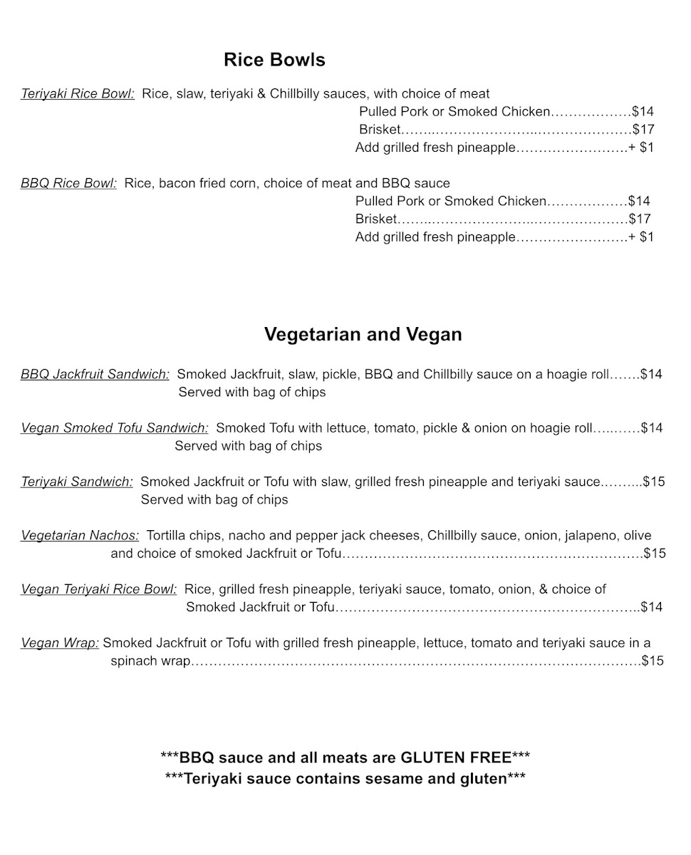 The Chillbilly Grill menu board