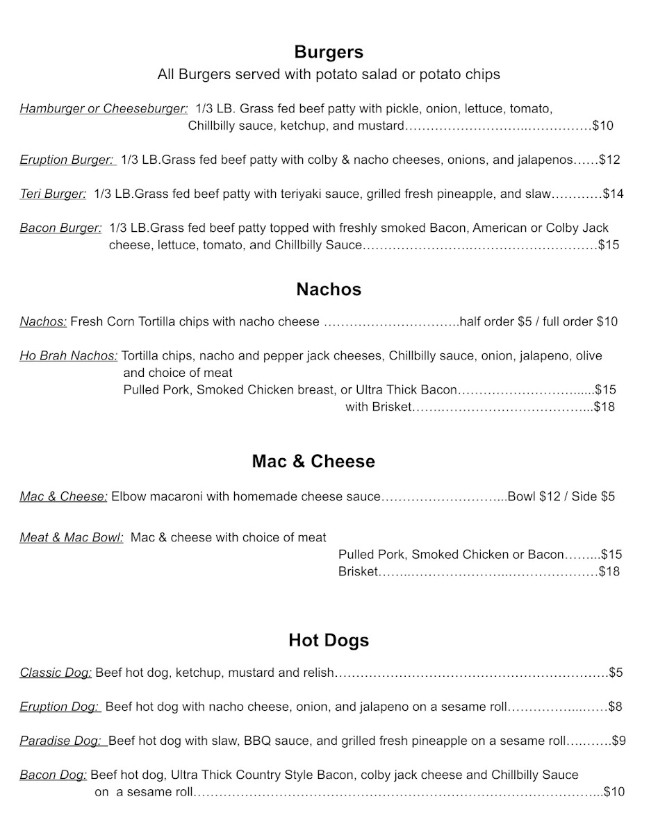 The Chillbilly Grill menu board
