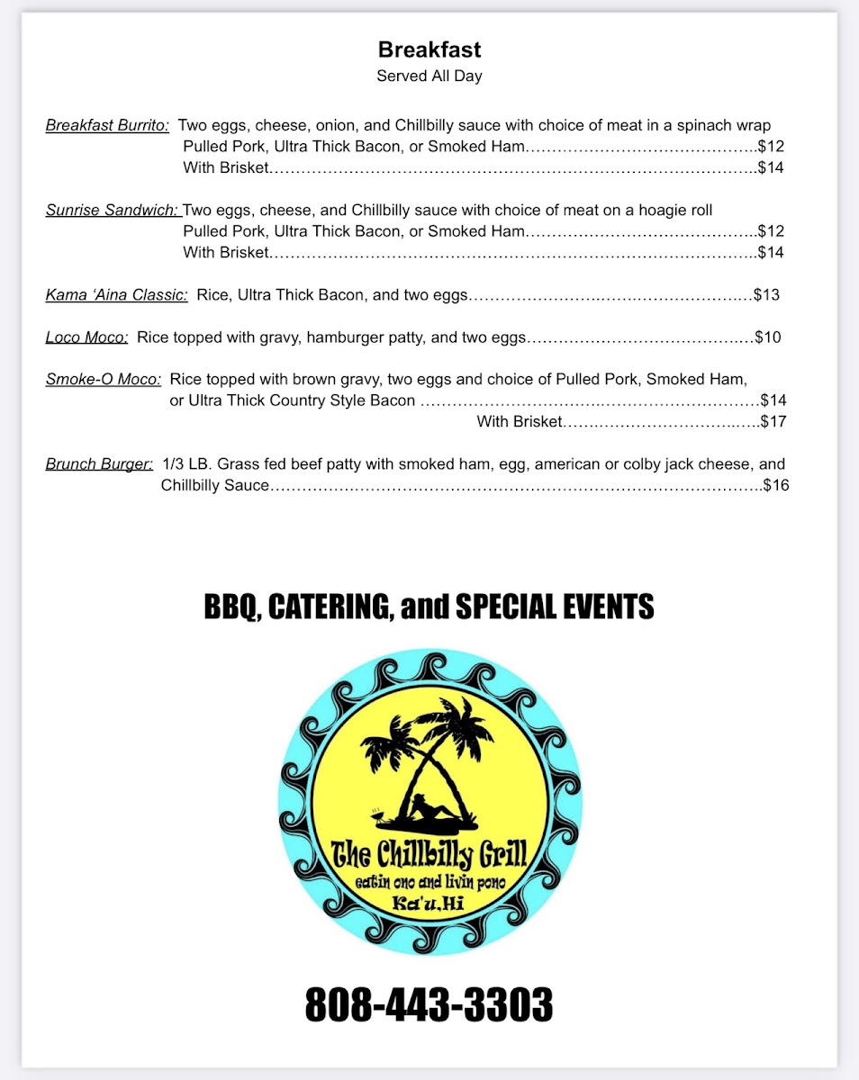 The Chillbilly Grill menu board