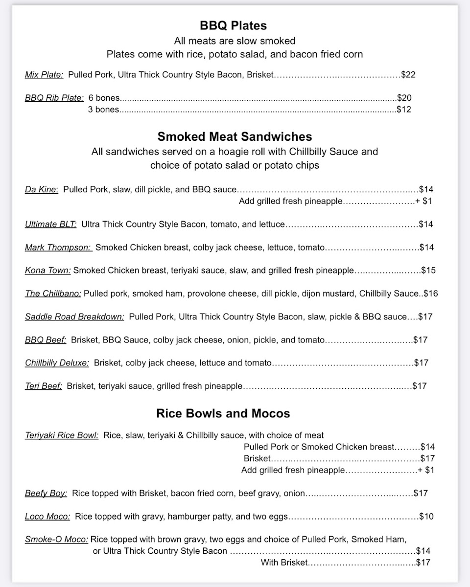 The Chillbilly Grill menu board