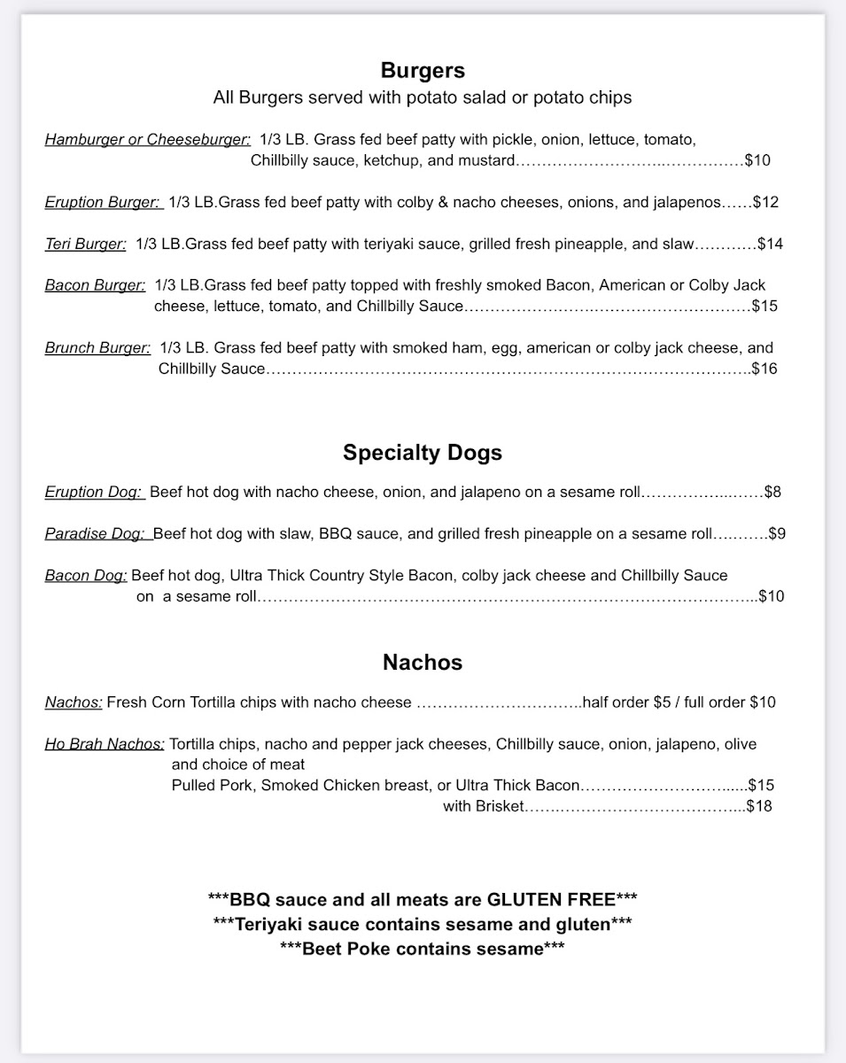 The Chillbilly Grill menu board
