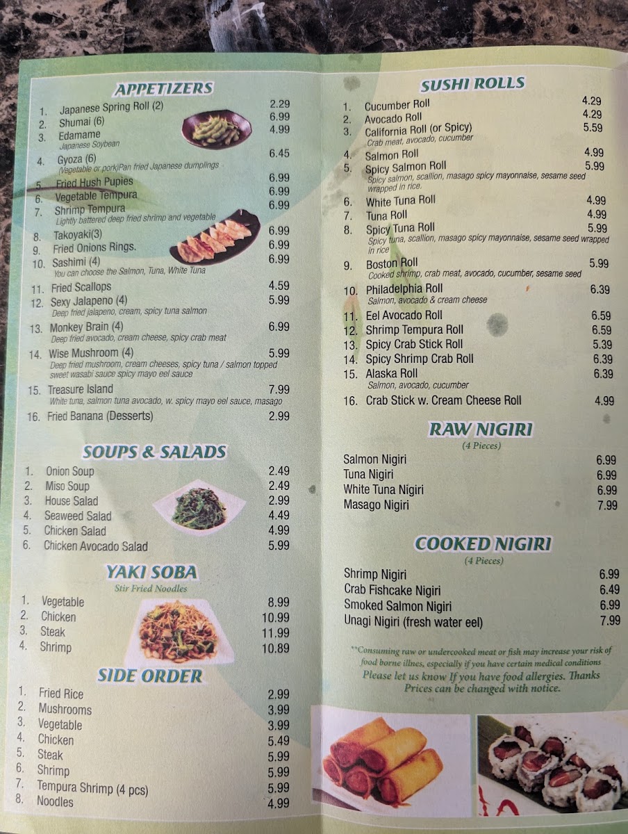 Wasabi Schroon Lake menu board