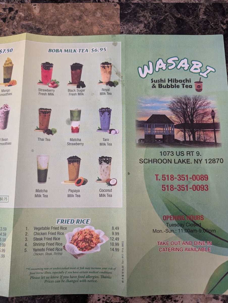 Wasabi Schroon Lake menu board
