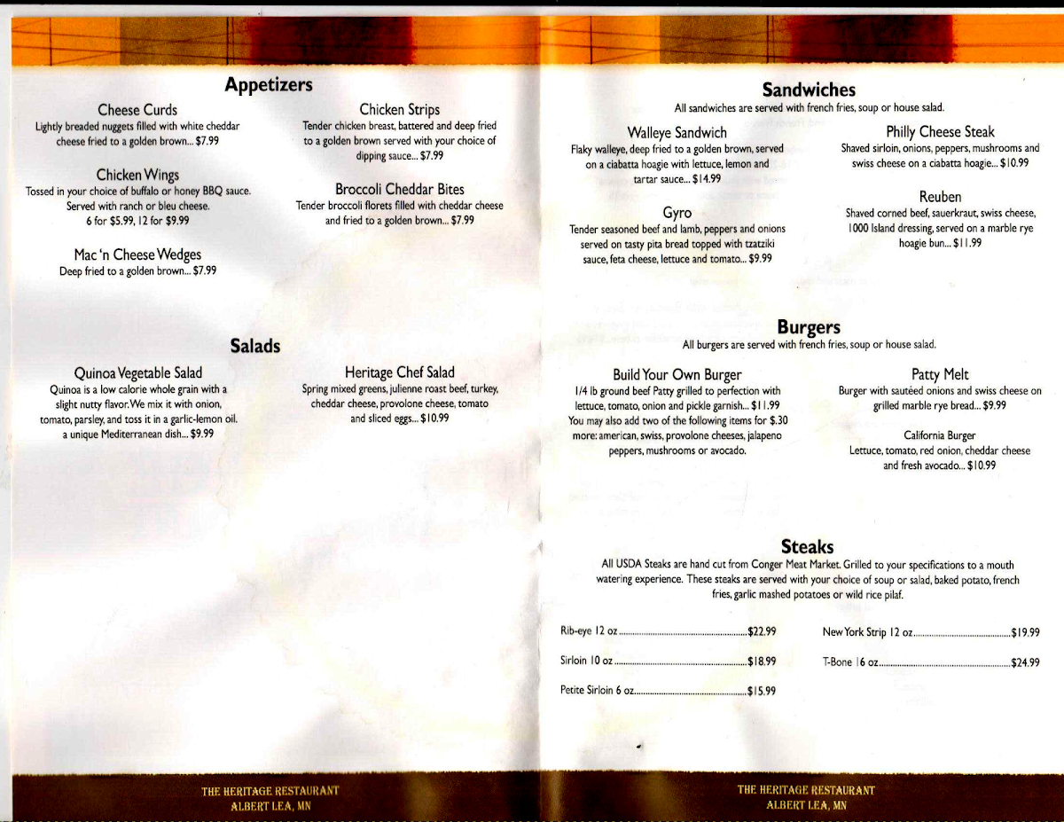 The Heritage Restaurant menu board