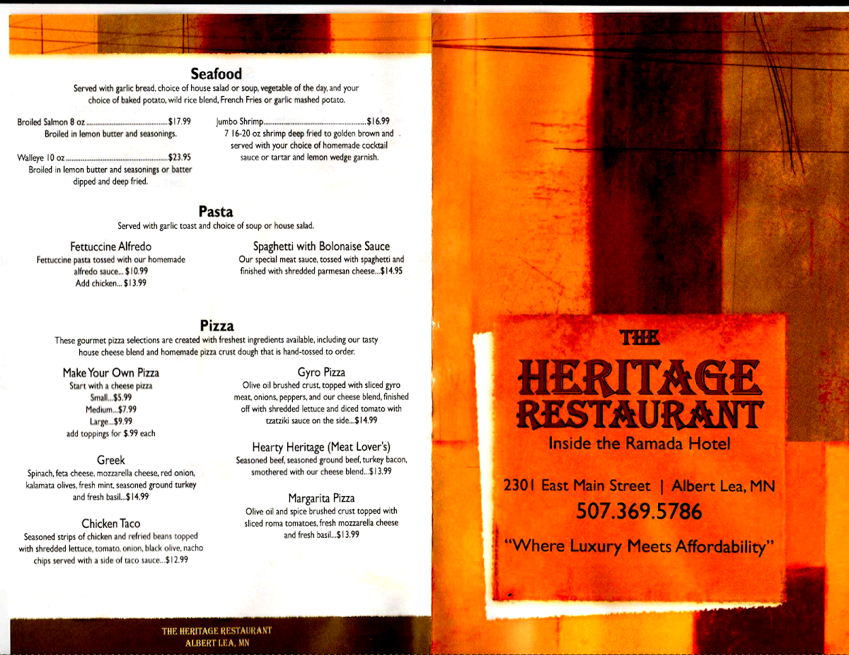 The Heritage Restaurant menu board