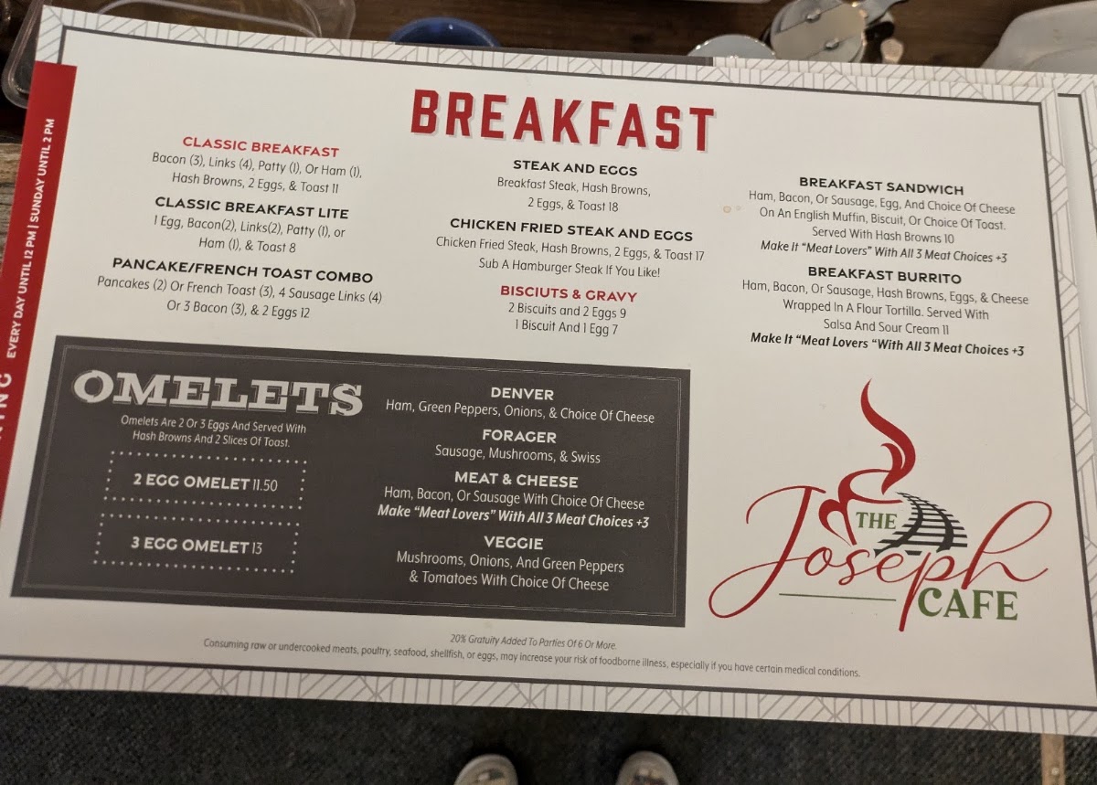 The Joseph Café with Iron Horse Saloon and Casino menu board
