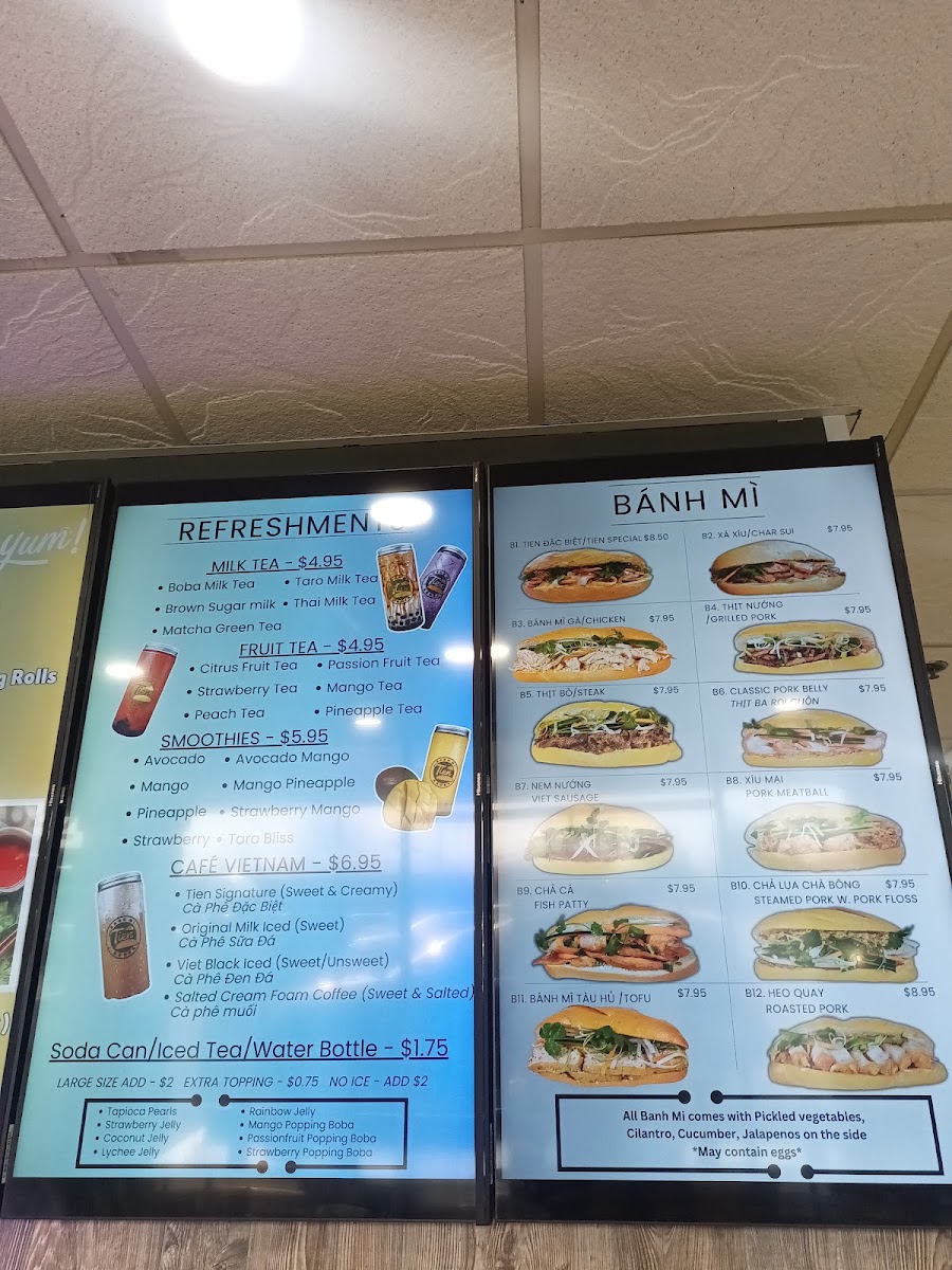 Tien Banh Mi & Boba menu board