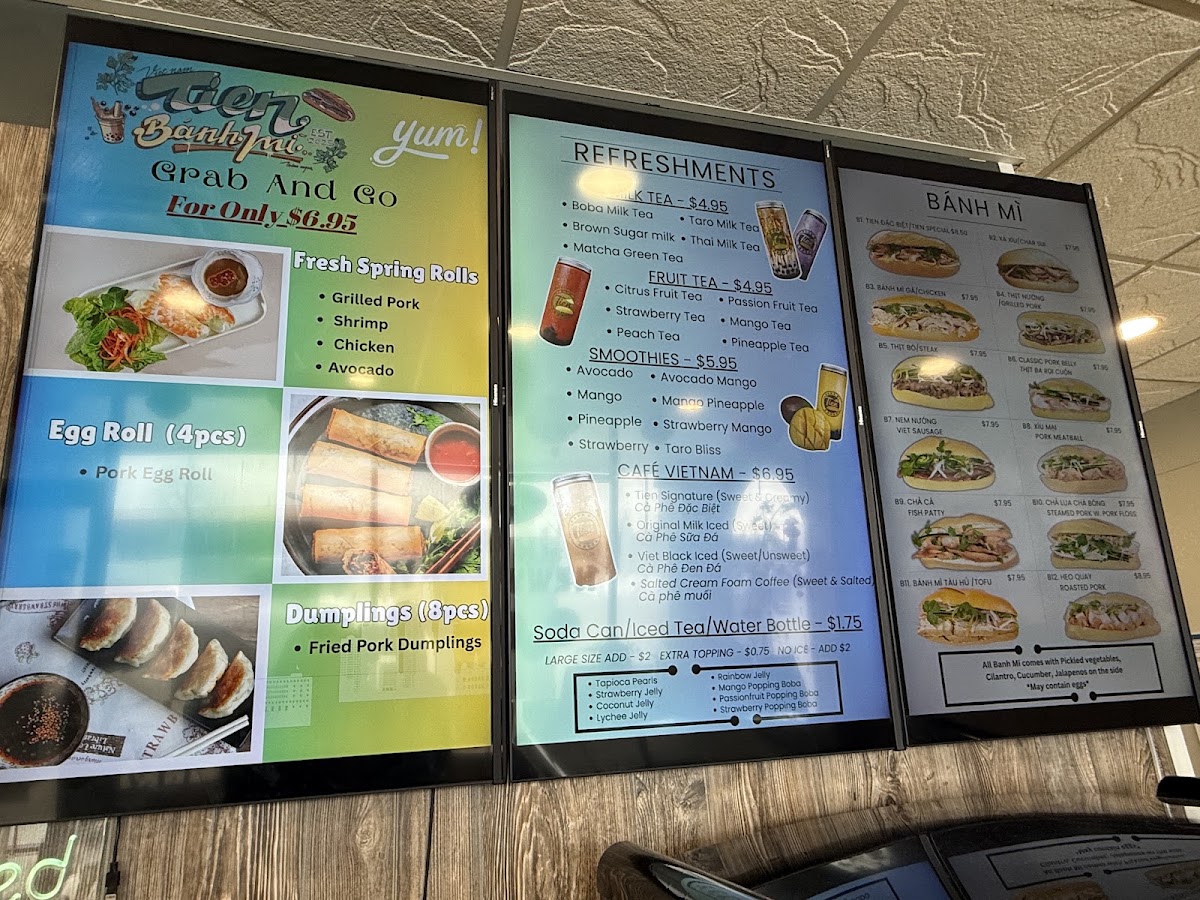 Tien Banh Mi & Boba menu board