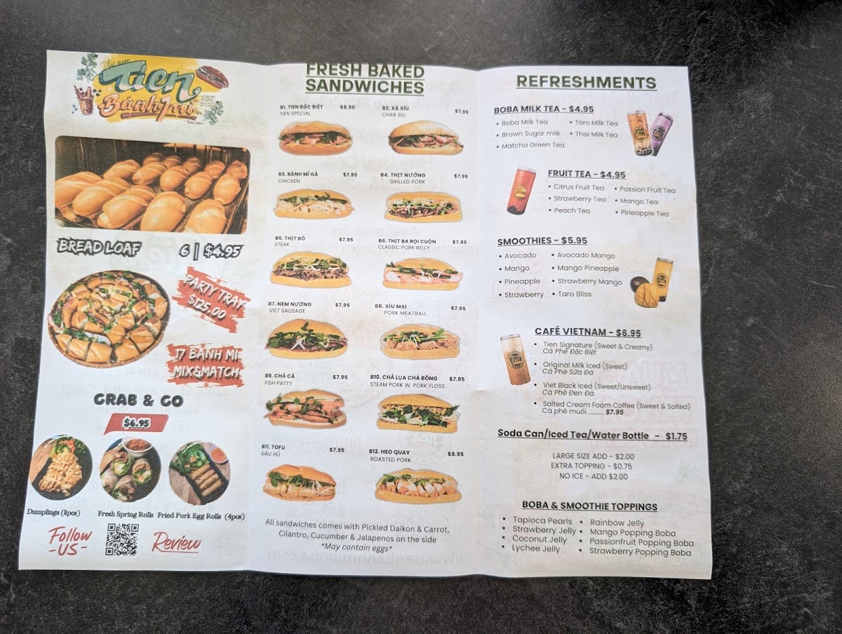 Tien Banh Mi & Boba menu board