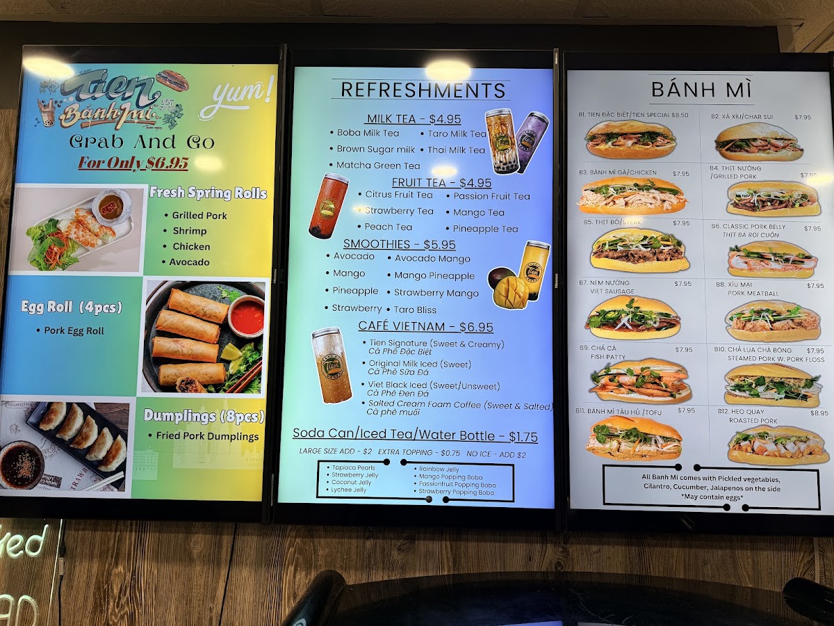 Tien Banh Mi & Boba menu board