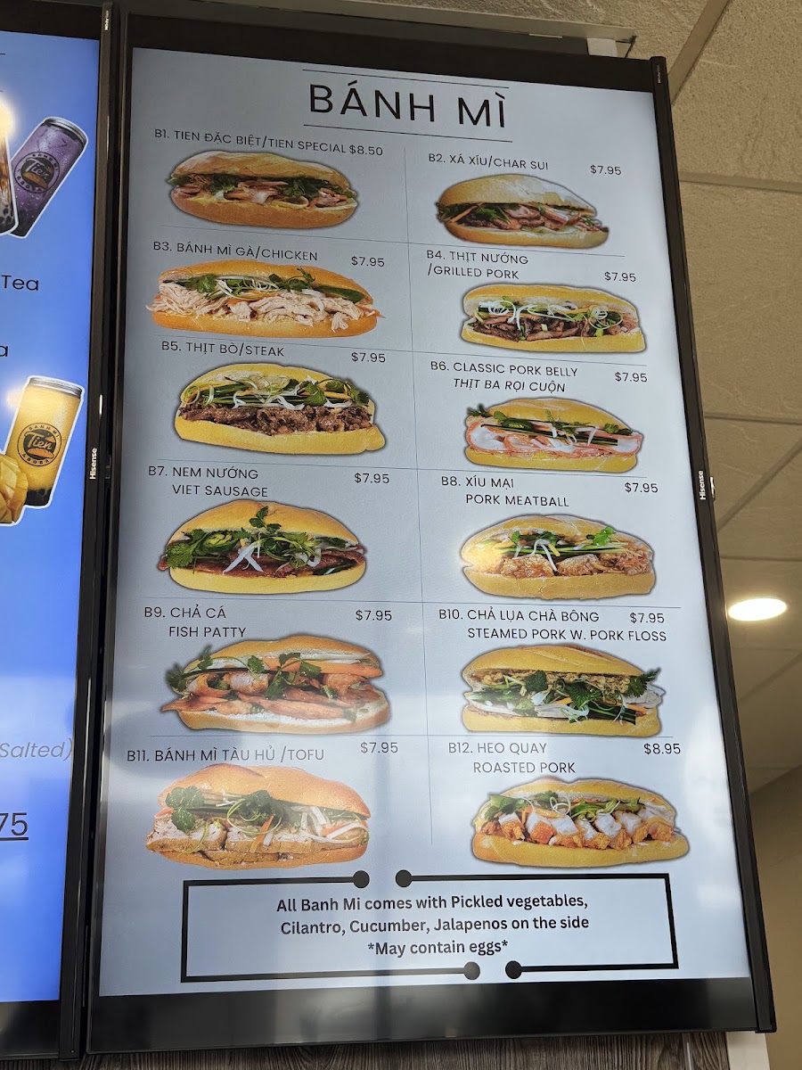 Tien Banh Mi & Boba menu board