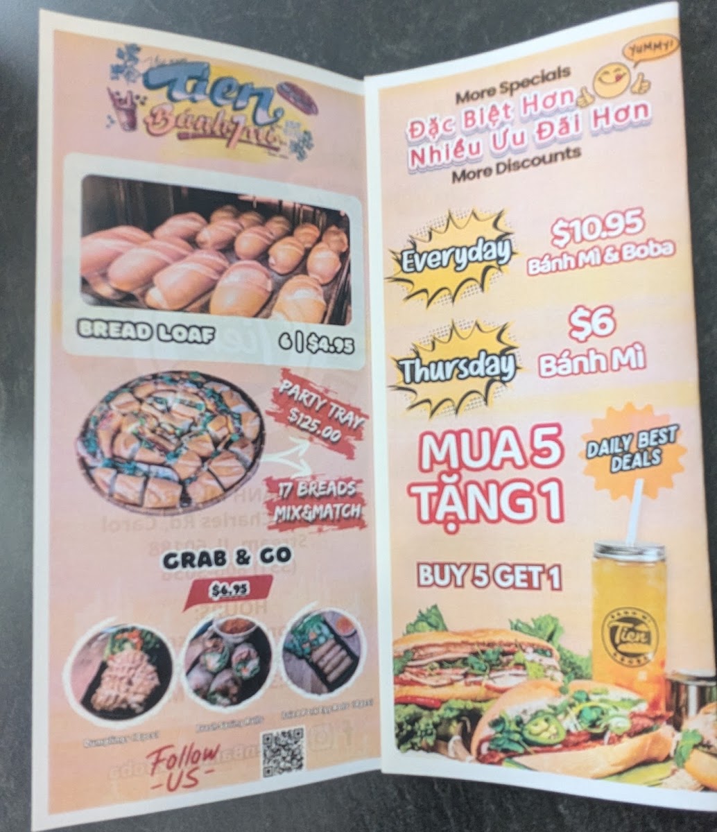 Tien Banh Mi & Boba menu board
