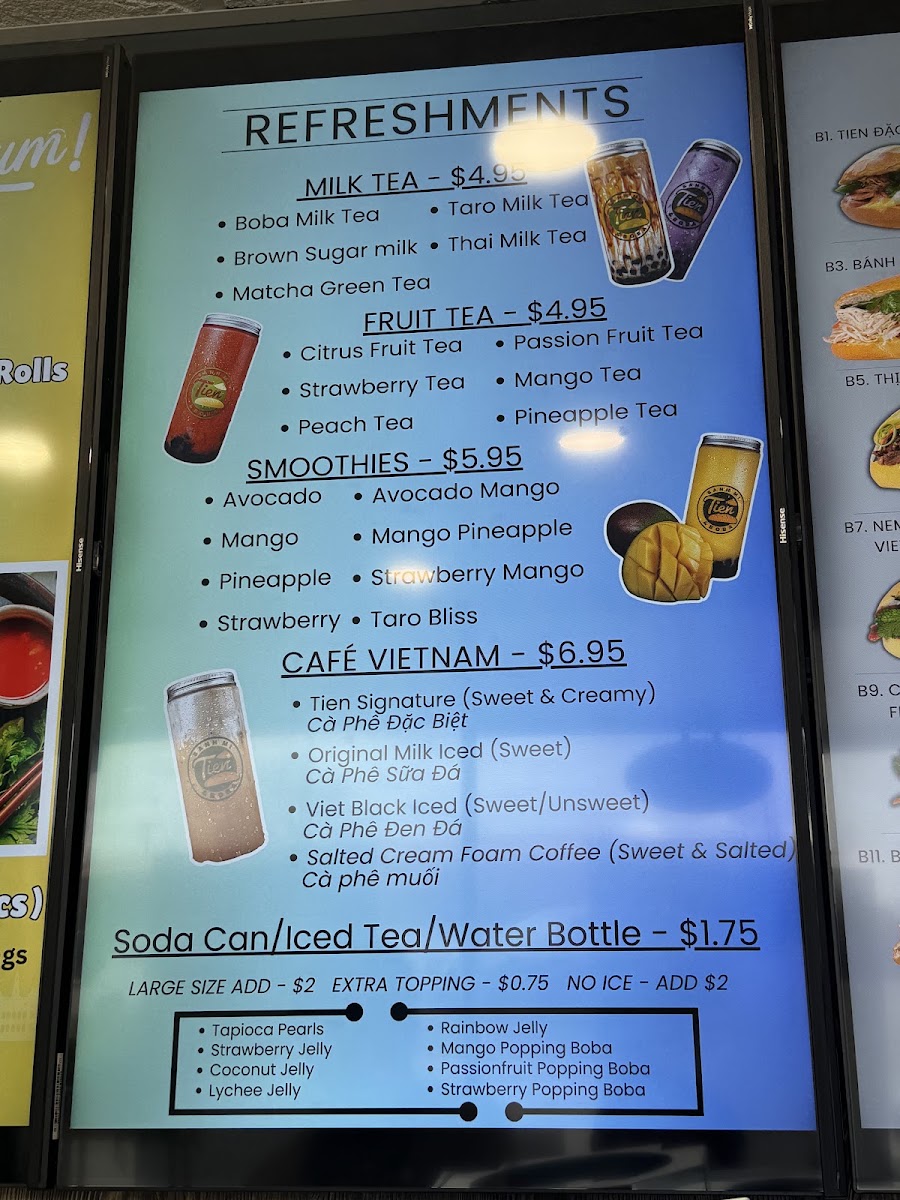 Tien Banh Mi & Boba menu board