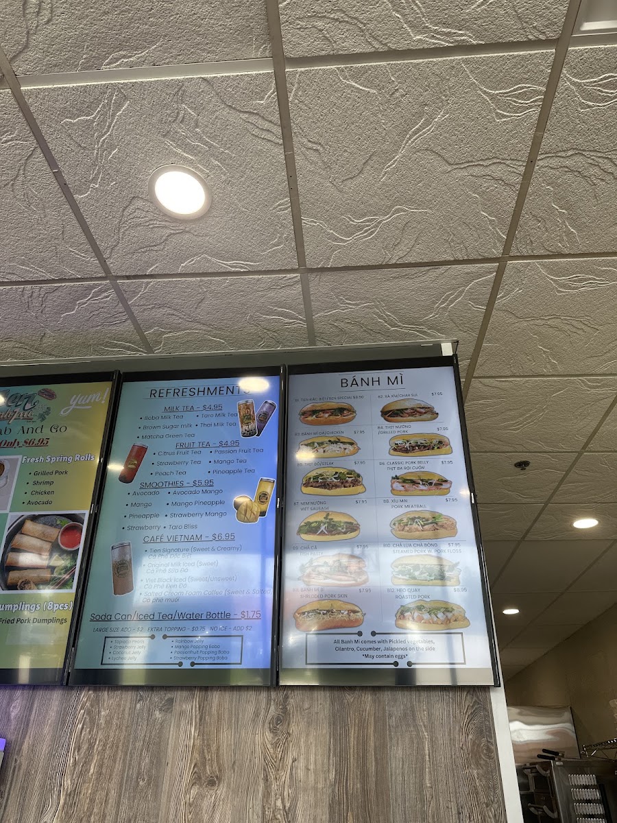 Tien Banh Mi & Boba menu board