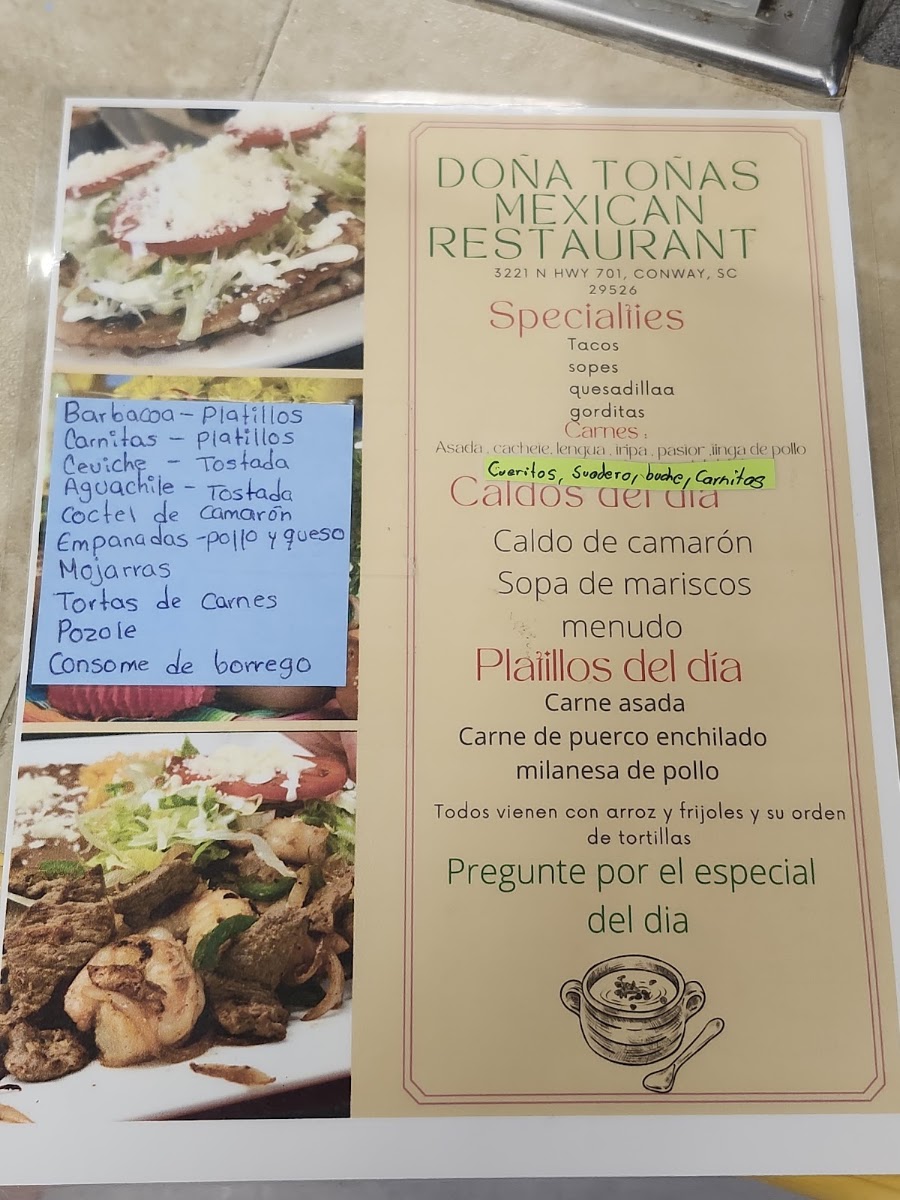 Doña Toña Mexican Restaurant menu board