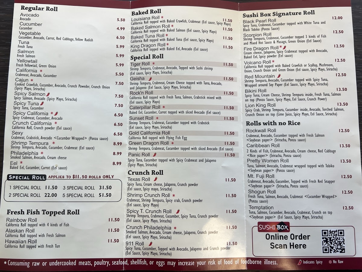 Sushi Box Coppell menu board