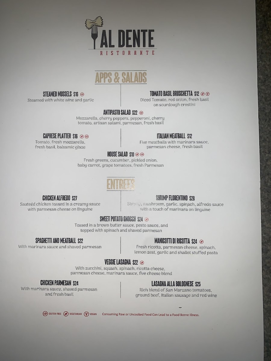 Al Dente Ristorante menu board