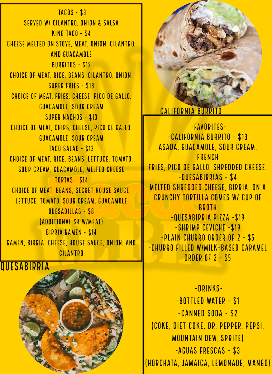 Tacos El Rey menu board