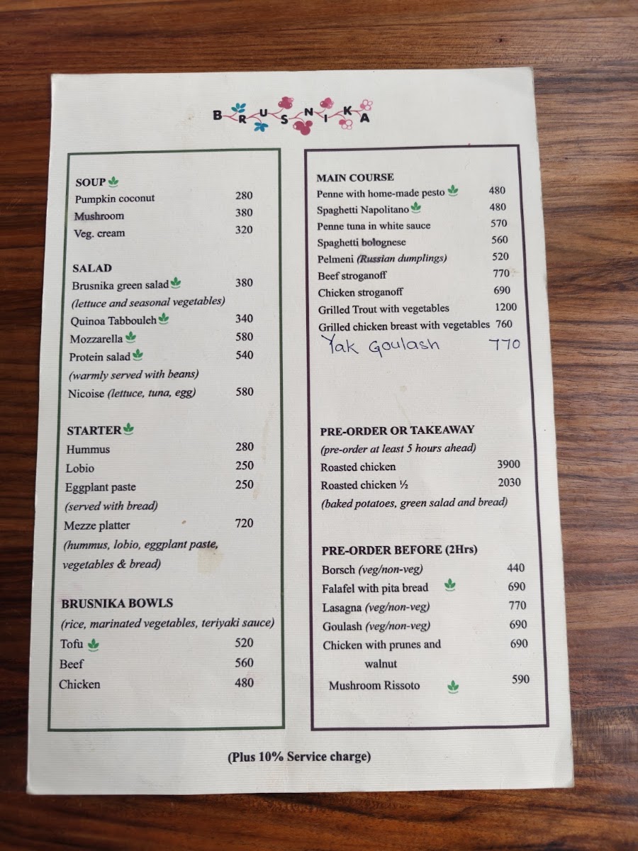 Brusnika Russian Café and Bakery menu board