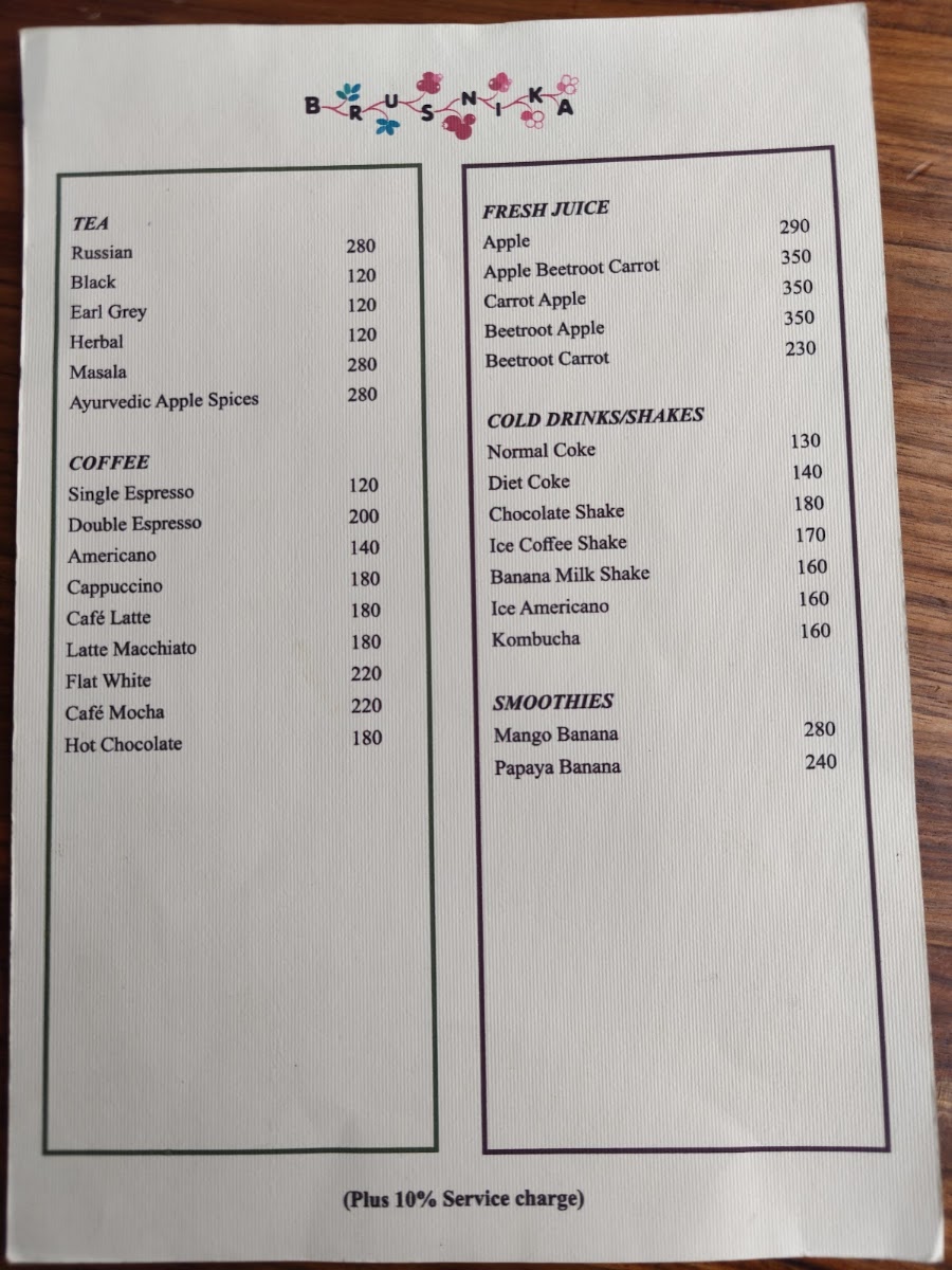 Brusnika Russian Café and Bakery menu board