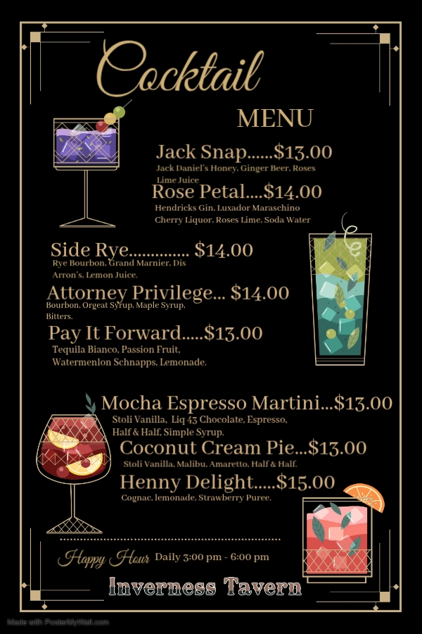 Inverness Tavern menu board