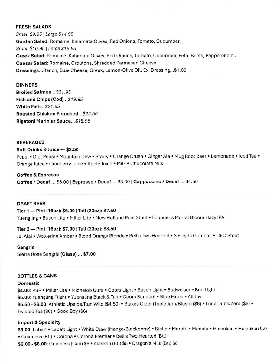 Inverness Tavern menu board