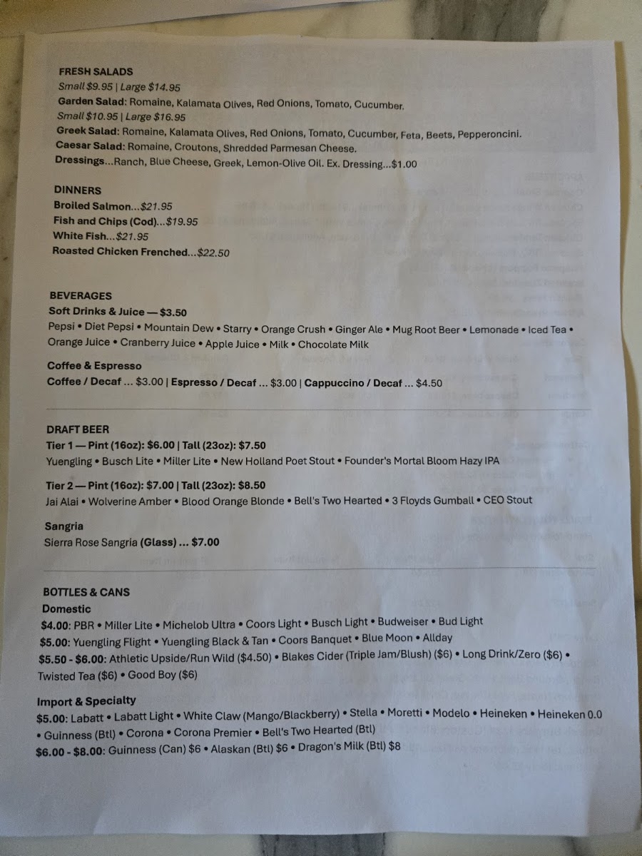 Inverness Tavern menu board