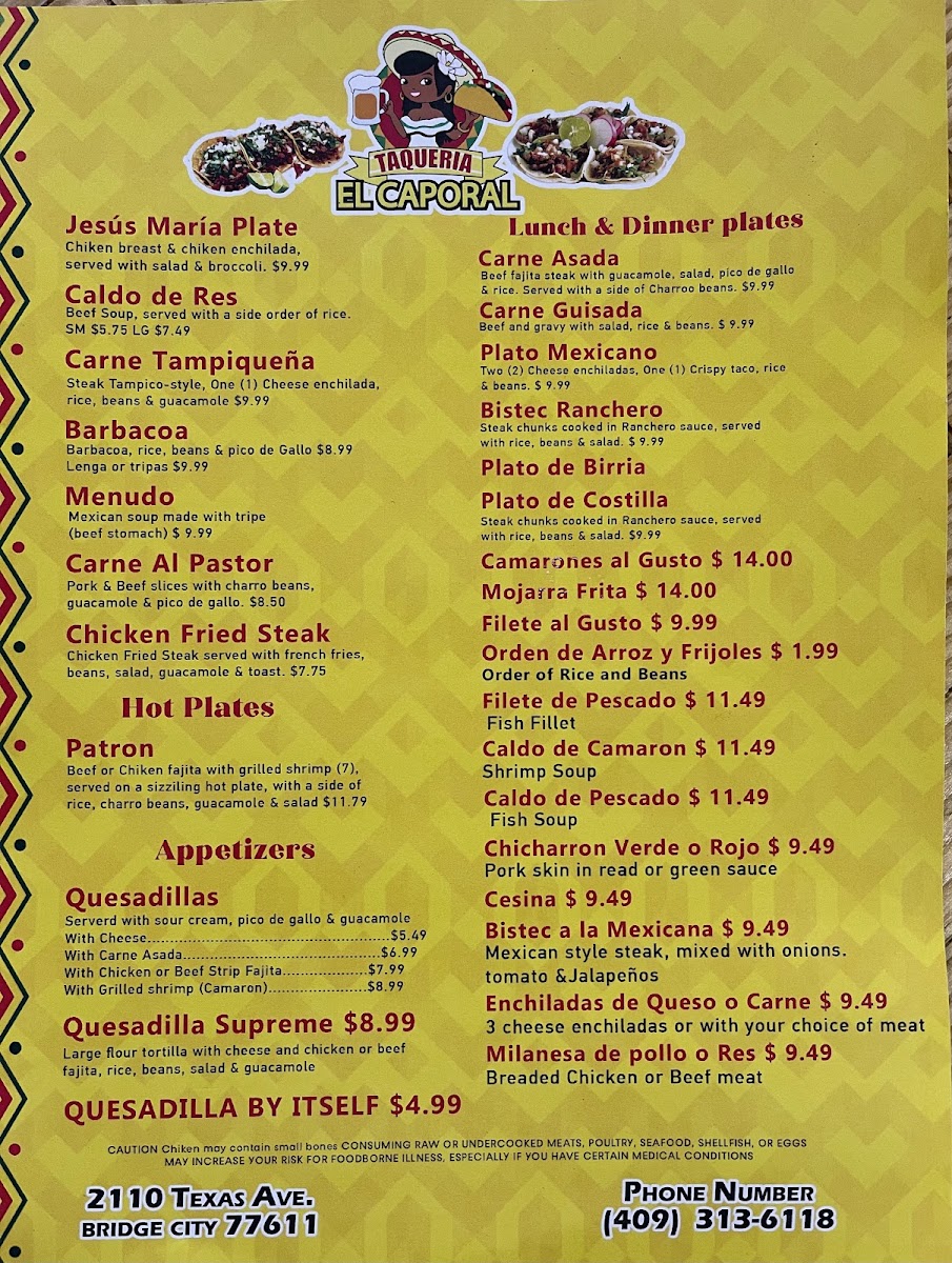 El auténtico taco él caporal menu board